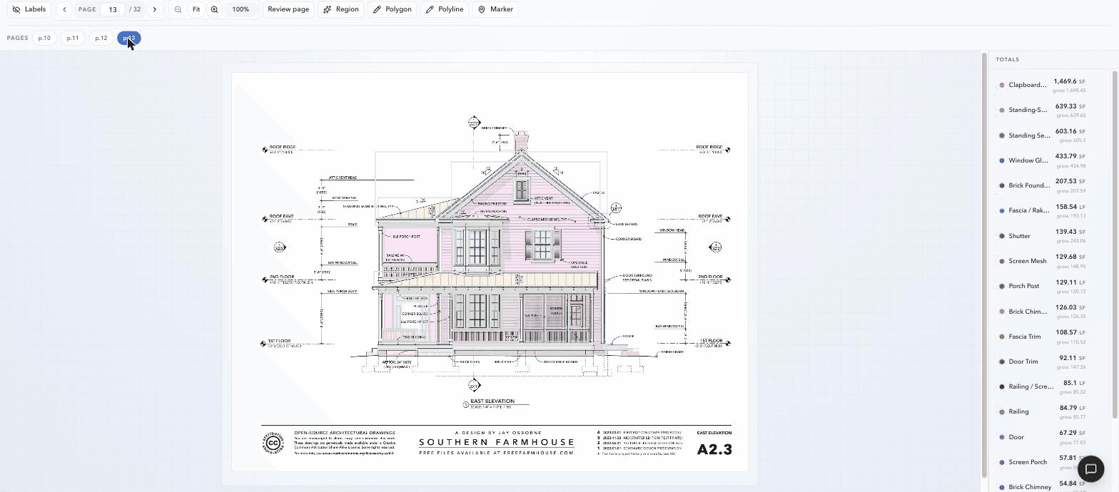 East elevation of the same plan set, traced and measured