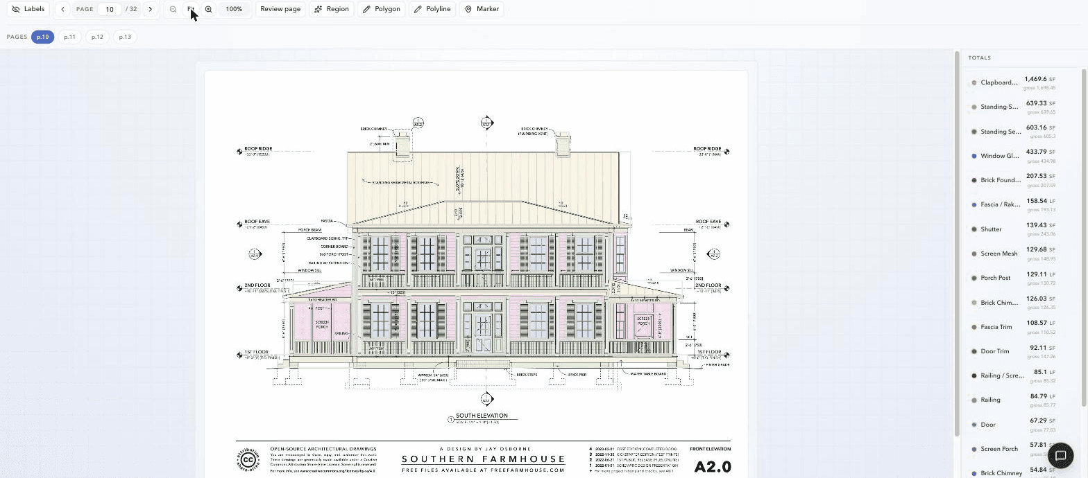 Front elevation traced into per-material areas with live quantity totals