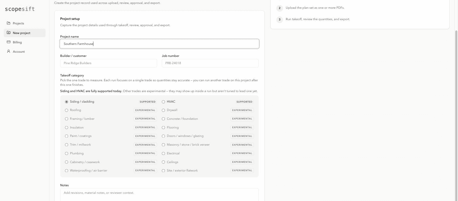 New project setup screen: project name and the one-trade takeoff category picker