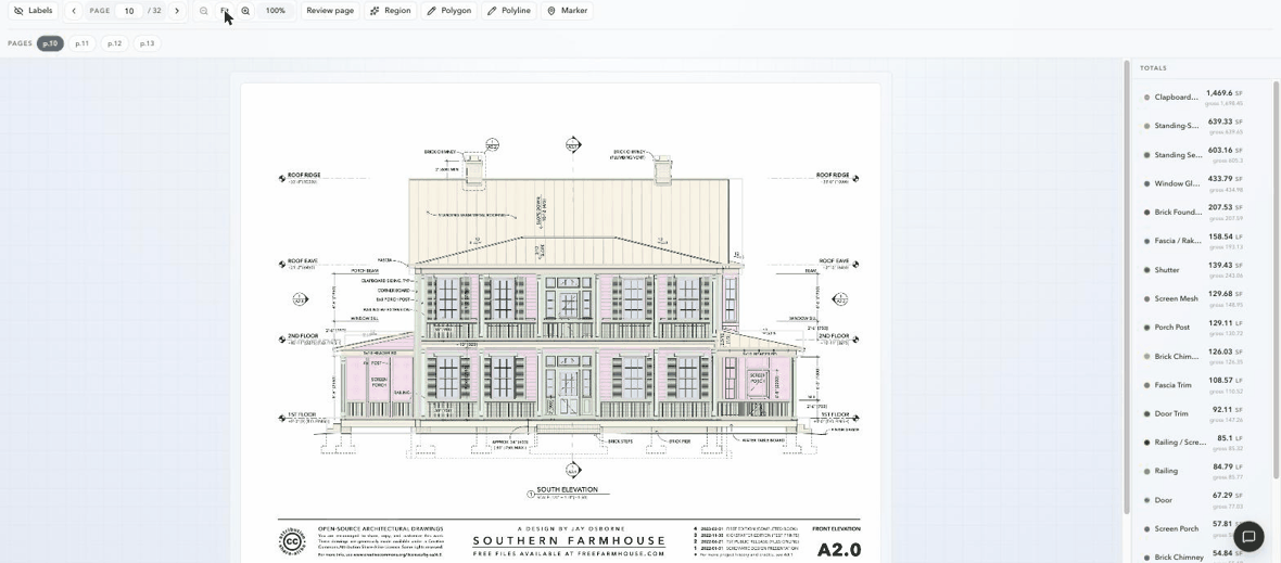 ScopeSift Drawing Review measuring the Southern Farmhouse plan set, with traced material regions and live quantity totals